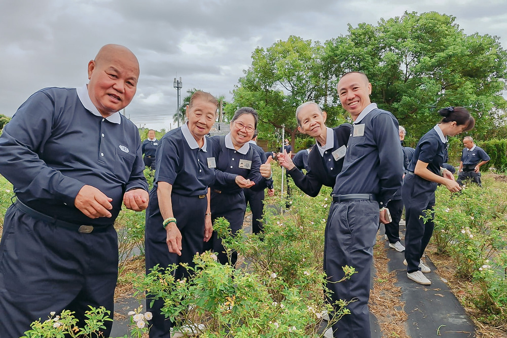 陆传达（右二）与儿子梁家声（右一）、陈素娥（左二）、李德福（左一）在精舍出坡，采摘月亮玫瑰，体验精舍自力耕生的农禅生活。